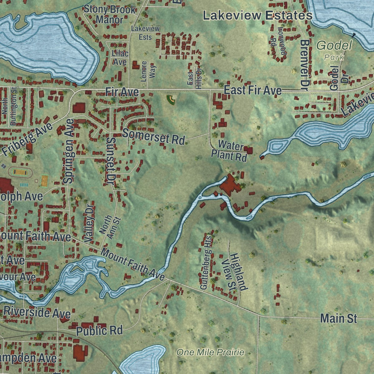 Second close-up of the map of Fergus Falls, Minnesota print showing more streets and buildings
