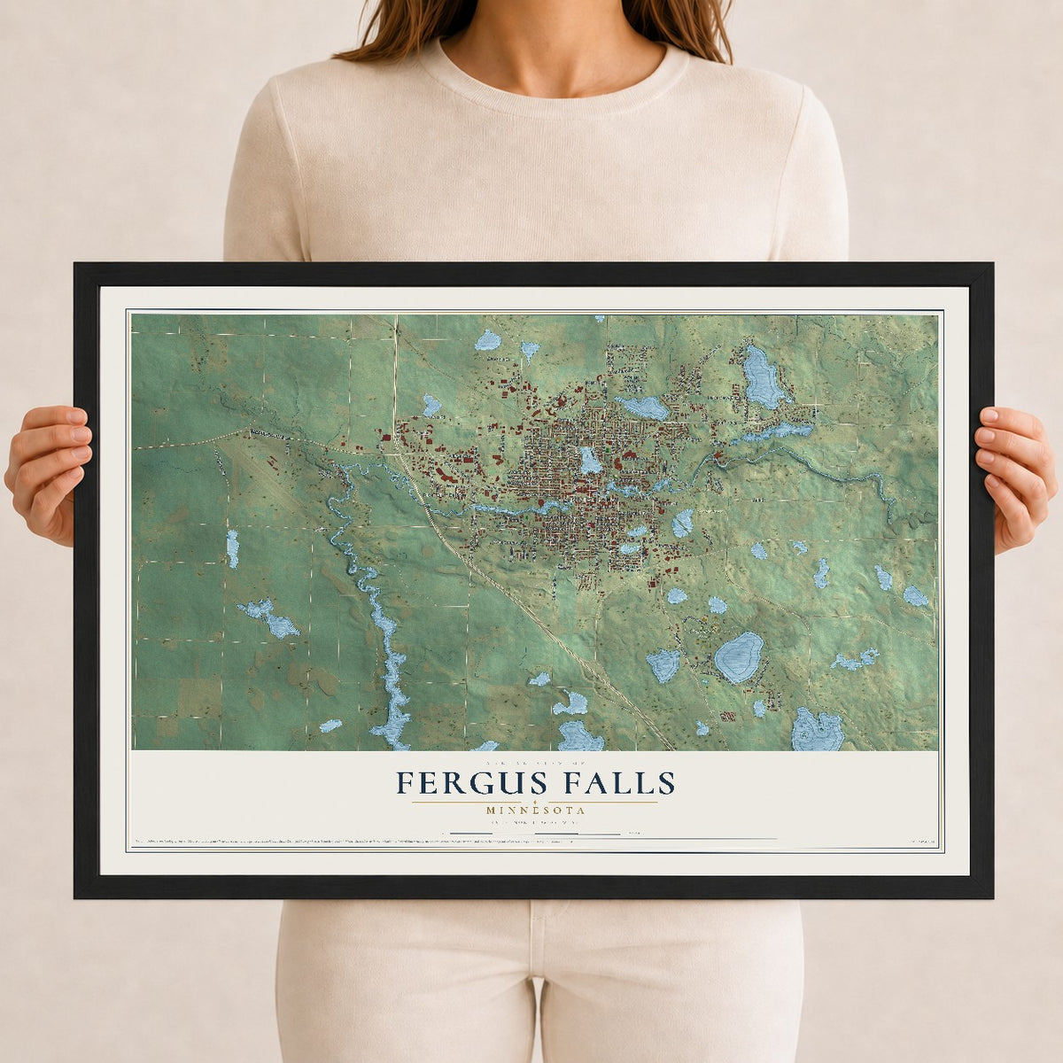 Map of Fergus Falls, Minnesota, 12 x 18 inch print in a black wood frame
