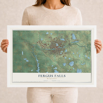 Map of Fergus Falls, Minnesota, 12 x 18 inch print in a white wood frame