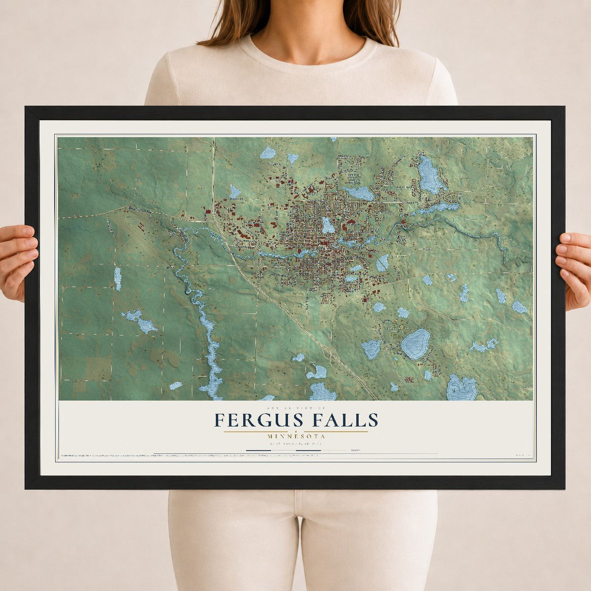 Map of Fergus Falls, Minnesota, 18 x 24 inch print in a black wood frame