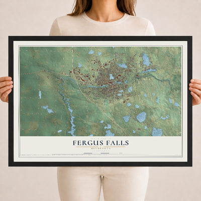 Map of Fergus Falls, Minnesota, 18 x 24 inch print in a black wood frame