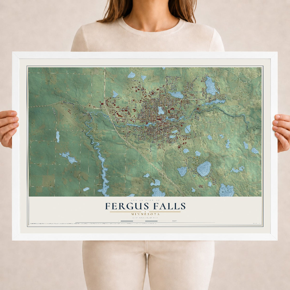 Map of Fergus Falls, Minnesota, 18 x 24 inch print in a white wood frame