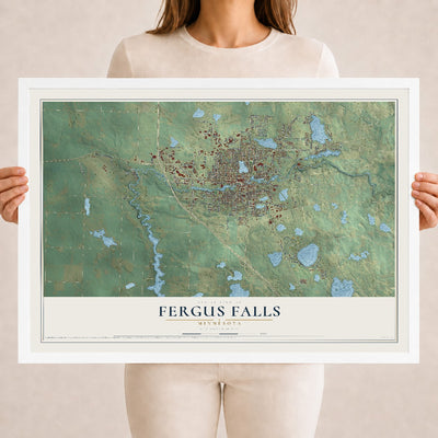 Map of Fergus Falls, Minnesota, 18 x 24 inch print in a white wood frame