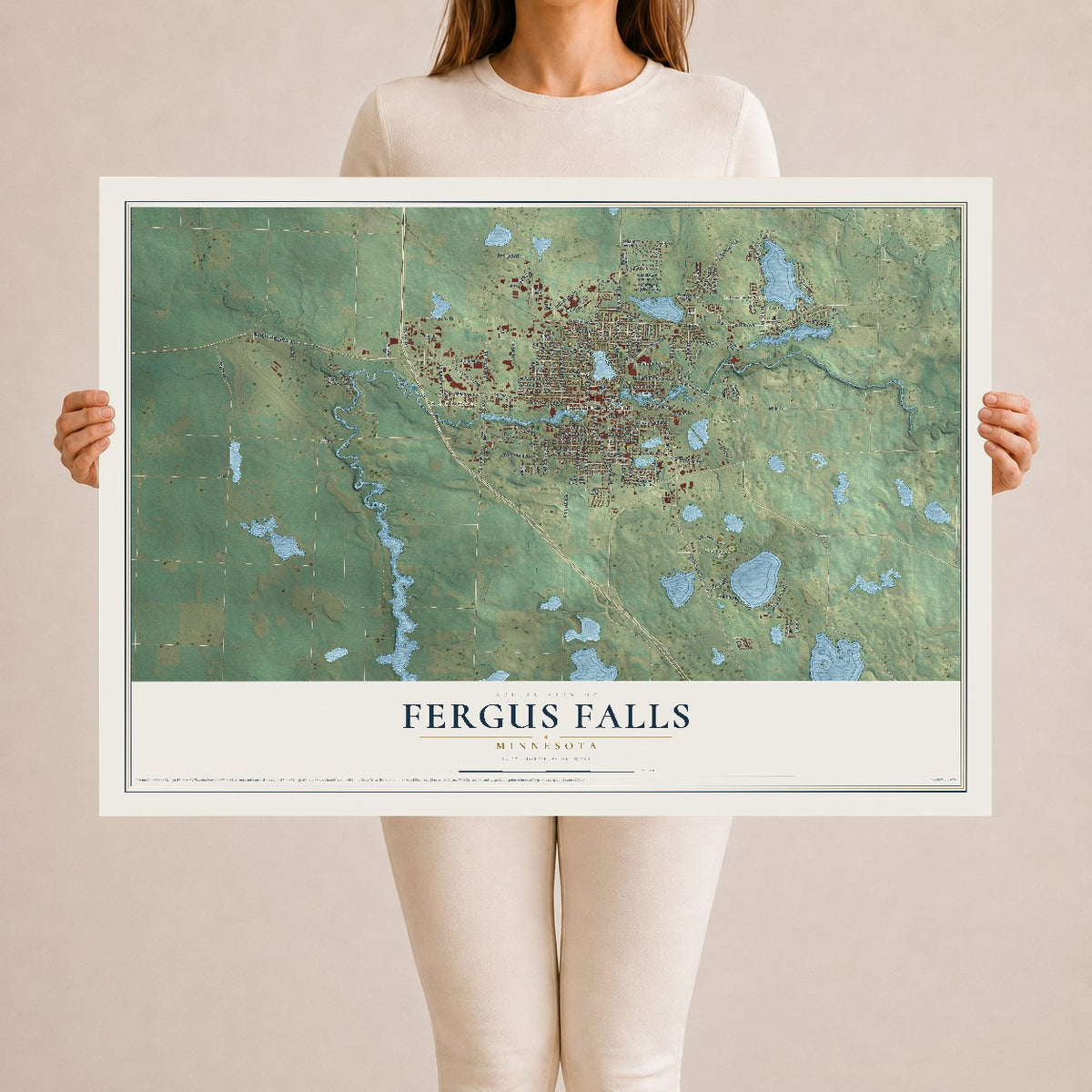 Map of Fergus Falls, Minnesota, 24 x 36 inch unframed archival matte print