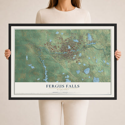 Map of Fergus Falls, Minnesota, 24 x 36 inch print in a black wood frame