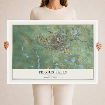 Map of Fergus Falls, Minnesota, 24 x 36 inch print in a white wood frame