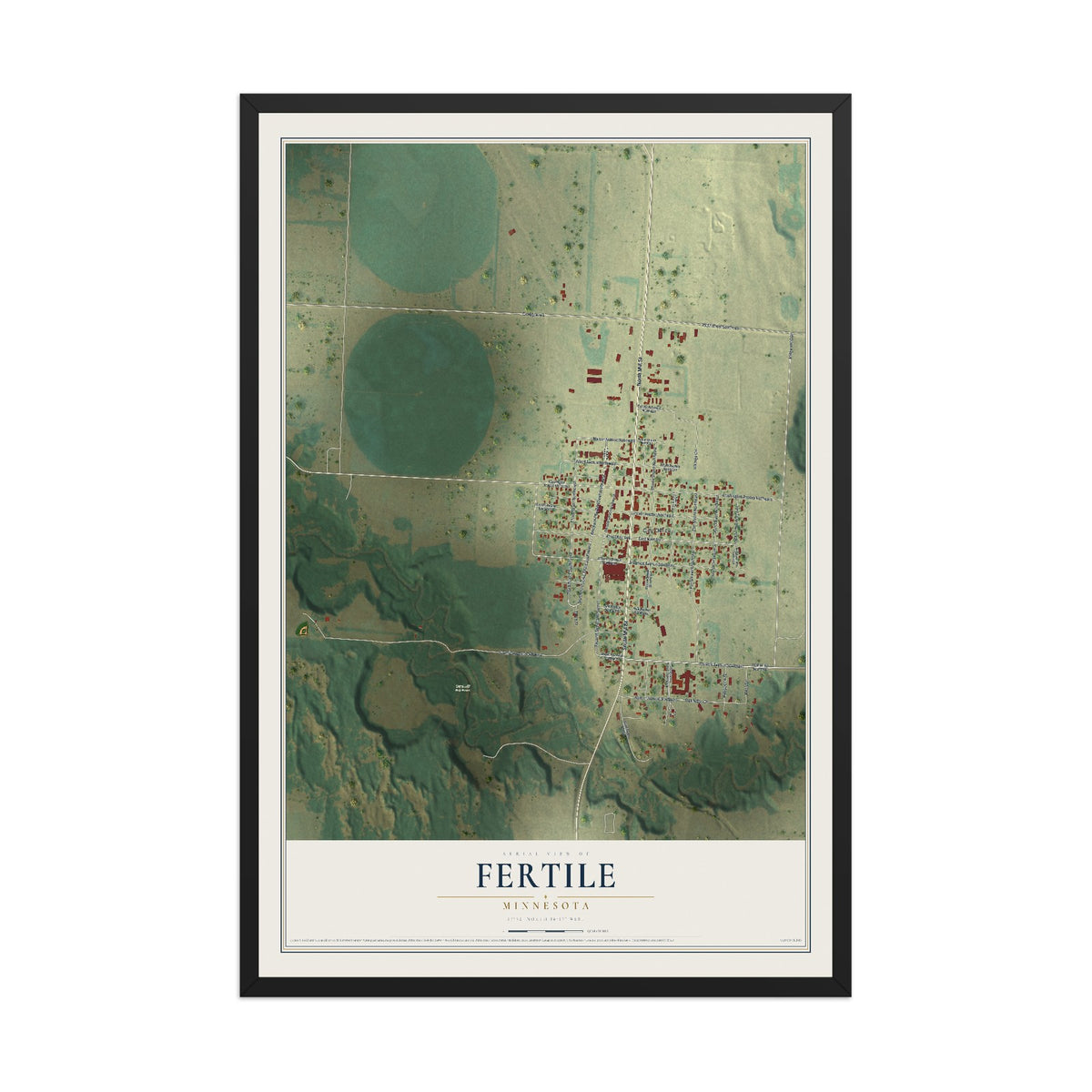 Map of Fertile, Minnesota, 12 x 18 inch print in a black wood frame