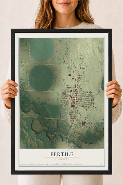 Map of Fertile, Minnesota, 18 x 24 inch print in a black wood frame