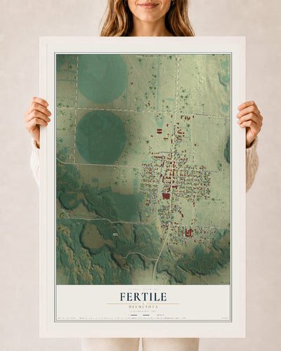 Map of Fertile, Minnesota, 24 x 36 inch print in a white wood frame