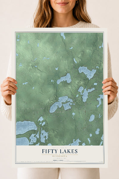 Map of Fifty Lakes, Minnesota, 18 x 24 inch unframed archival matte print