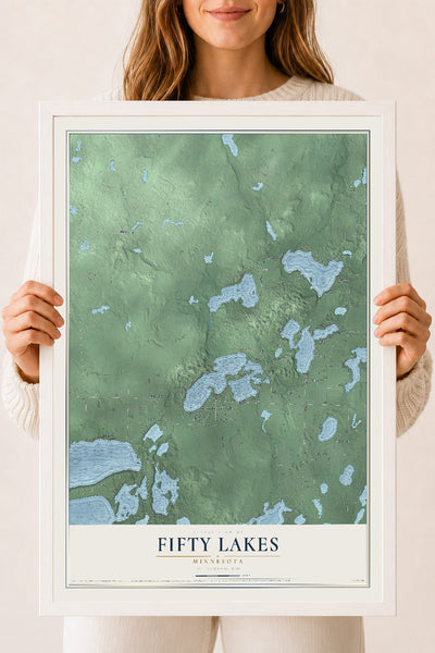 Map of Fifty Lakes, Minnesota, 18 x 24 inch print in a white wood frame