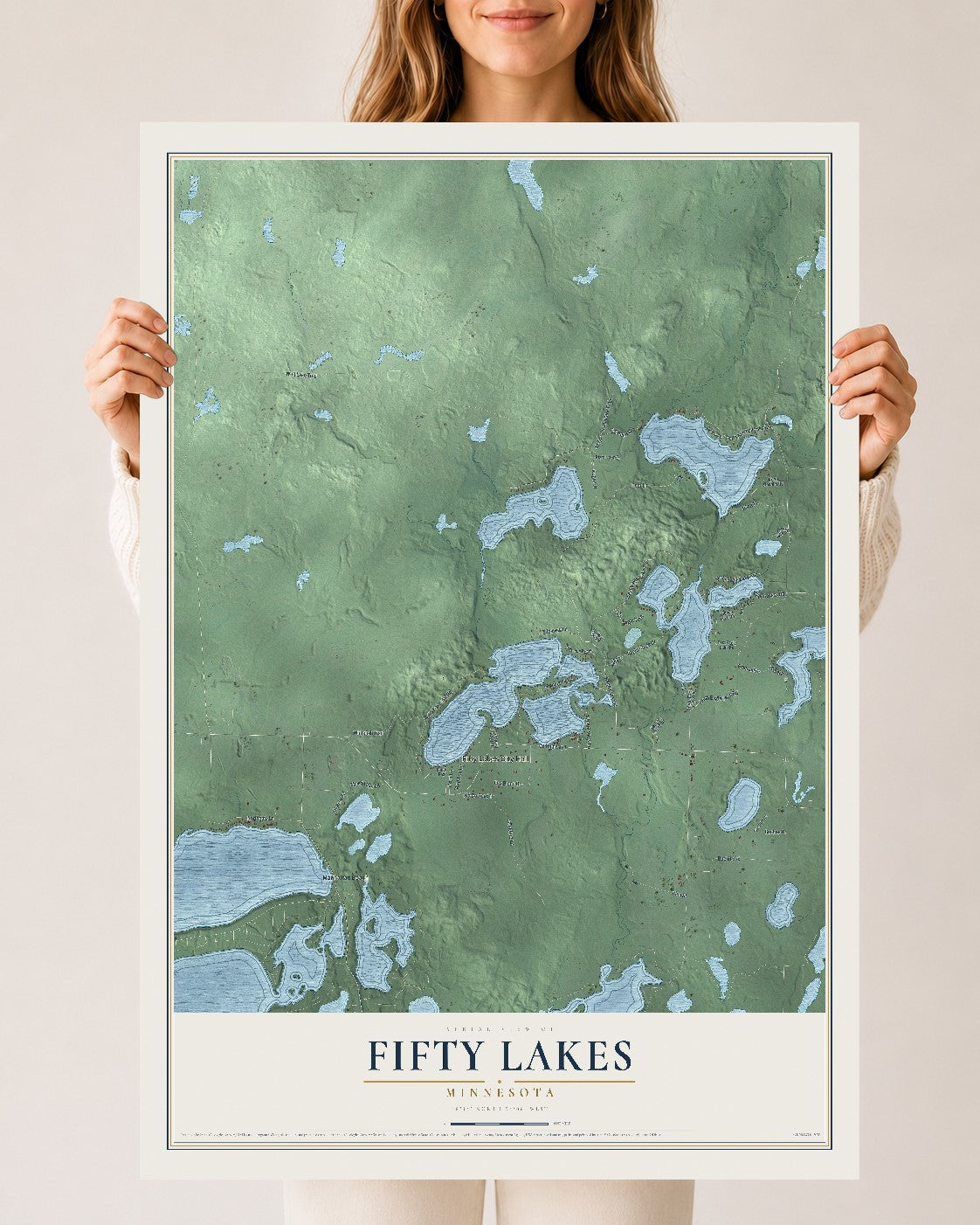 Map of Fifty Lakes, Minnesota, 24 x 36 inch unframed archival matte print