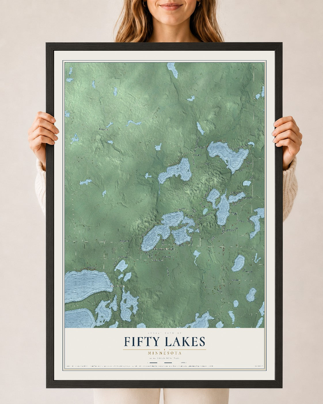 Map of Fifty Lakes, Minnesota, 24 x 36 inch print in a black wood frame