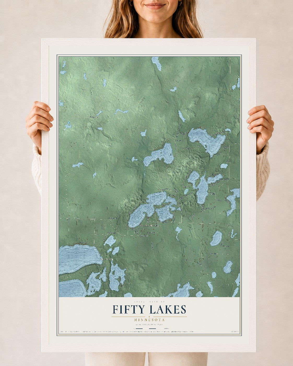 Map of Fifty Lakes, Minnesota, 24 x 36 inch print in a white wood frame