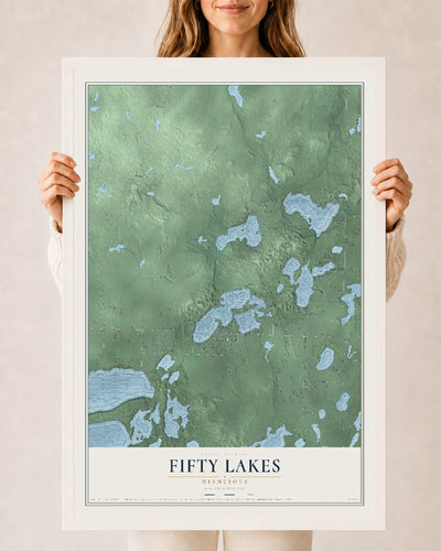 Map of Fifty Lakes, Minnesota, 24 x 36 inch print in a white wood frame