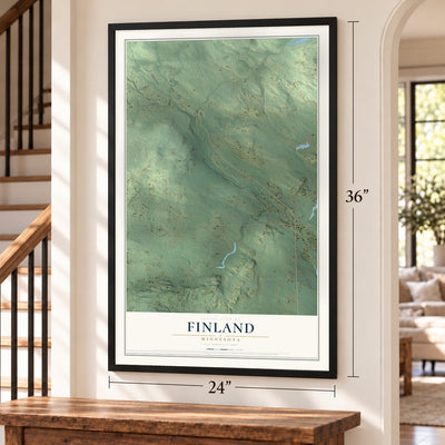 Finland, Minnesota map, 24 x 36 inch print in a black frame by a staircase