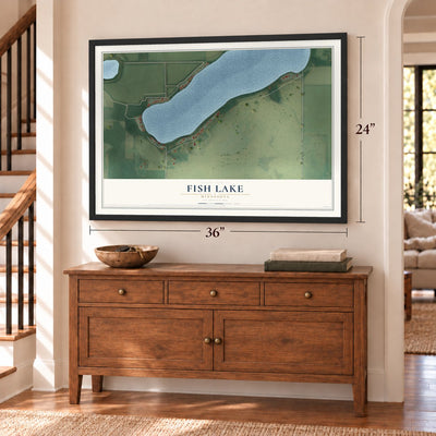Fish Lake, Minnesota map, 24 x 36 inch print in a black frame above a dresser by a staircase