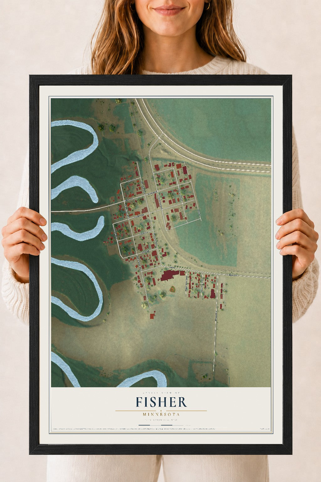 Map of Fisher, Minnesota, 18 x 24 inch print in a black wood frame