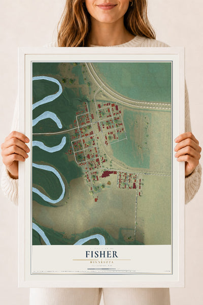 Map of Fisher, Minnesota, 18 x 24 inch print in a white wood frame