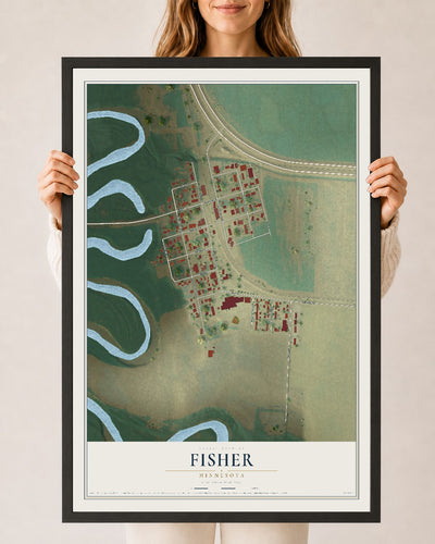 Map of Fisher, Minnesota, 24 x 36 inch print in a black wood frame