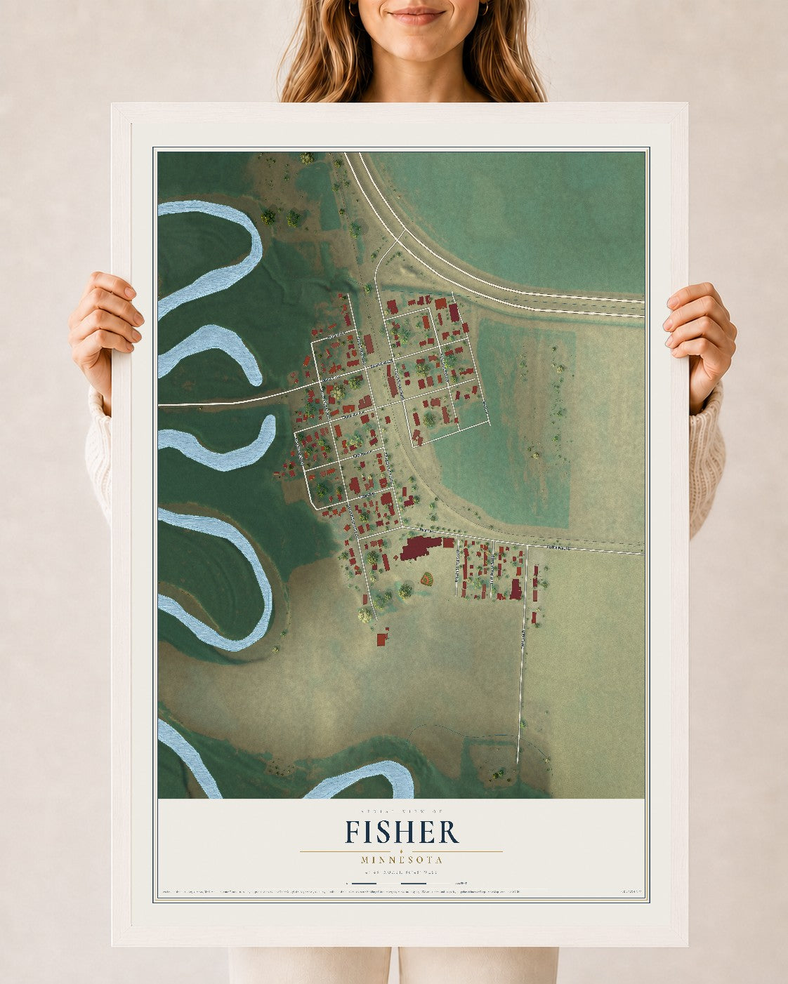 Map of Fisher, Minnesota, 24 x 36 inch print in a white wood frame