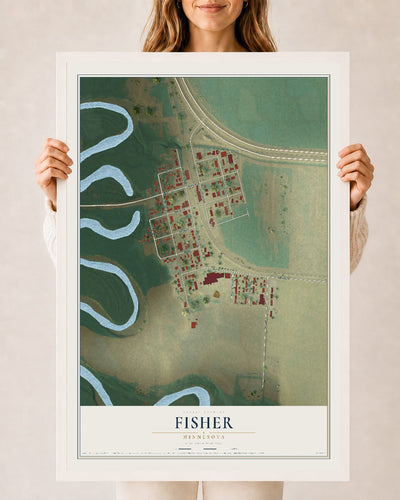Map of Fisher, Minnesota, 24 x 36 inch print in a white wood frame