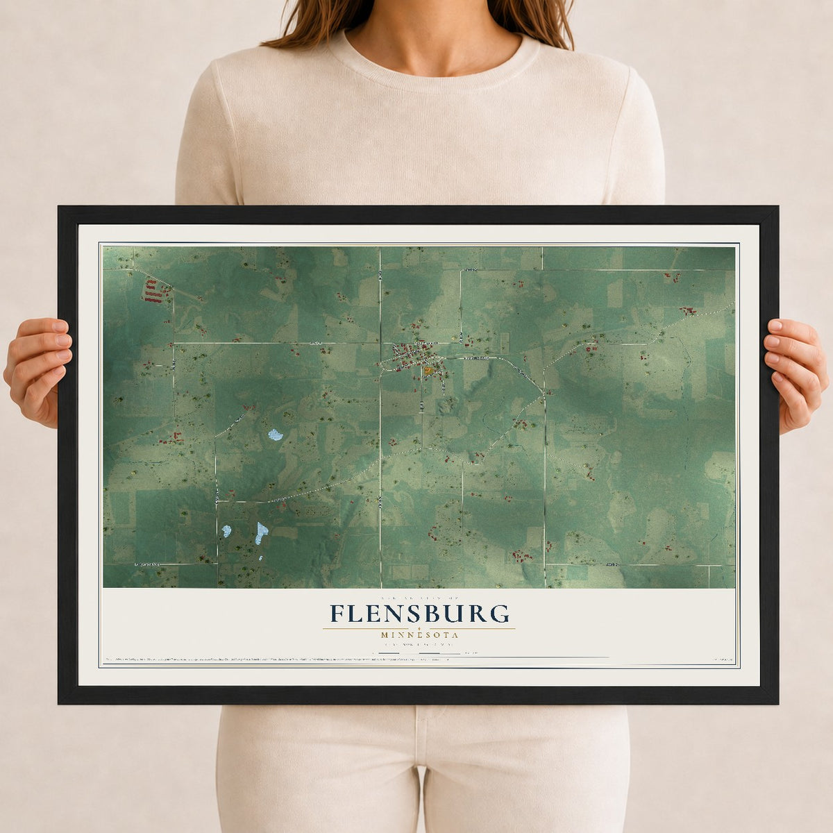 Map of Flensburg, Minnesota, 12 x 18 inch print in a black wood frame