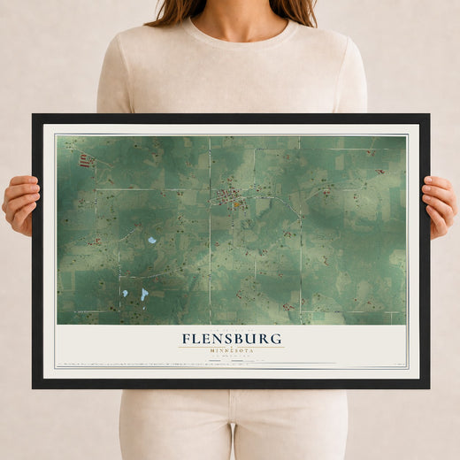 Map of Flensburg, Minnesota, 12 x 18 inch print in a black wood frame