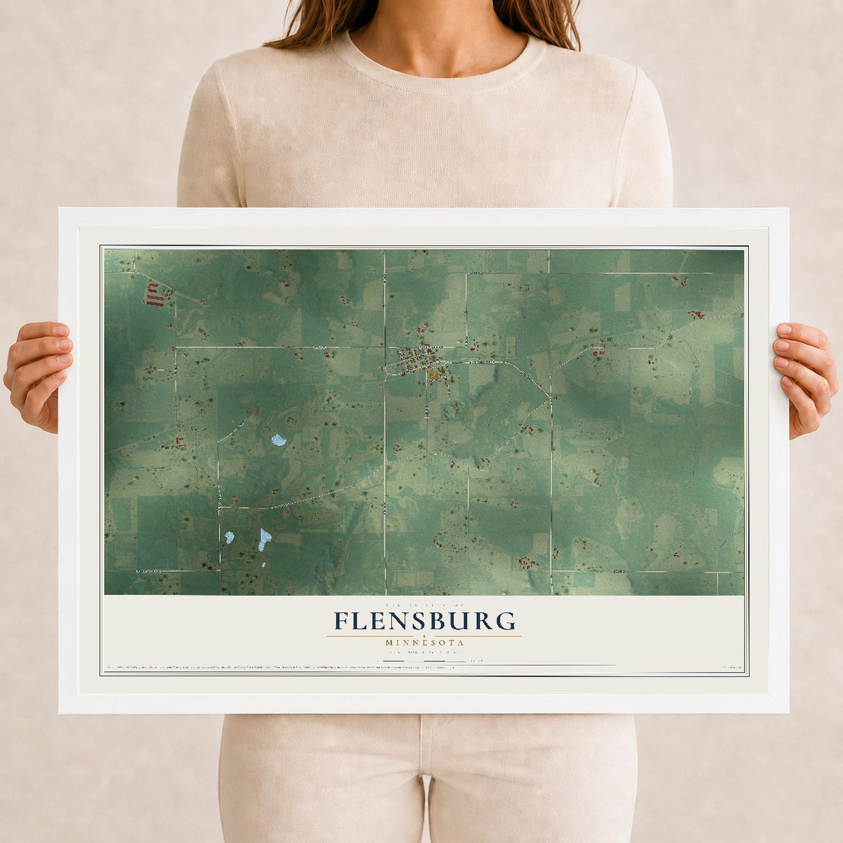 Map of Flensburg, Minnesota, 12 x 18 inch print in a white wood frame