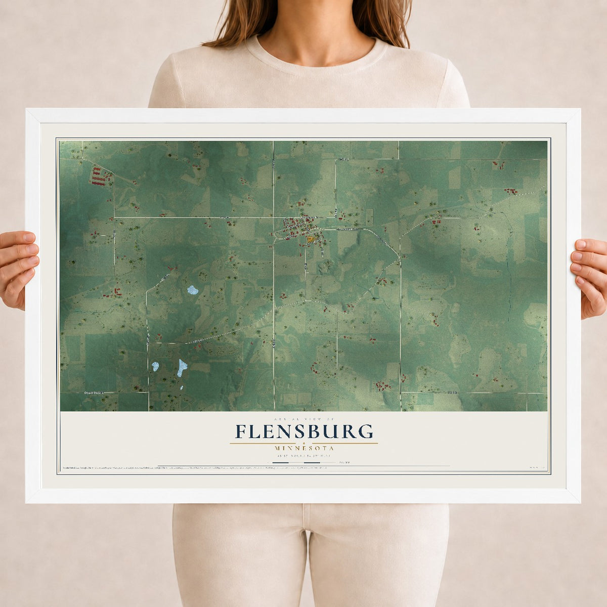Map of Flensburg, Minnesota, 18 x 24 inch print in a white wood frame