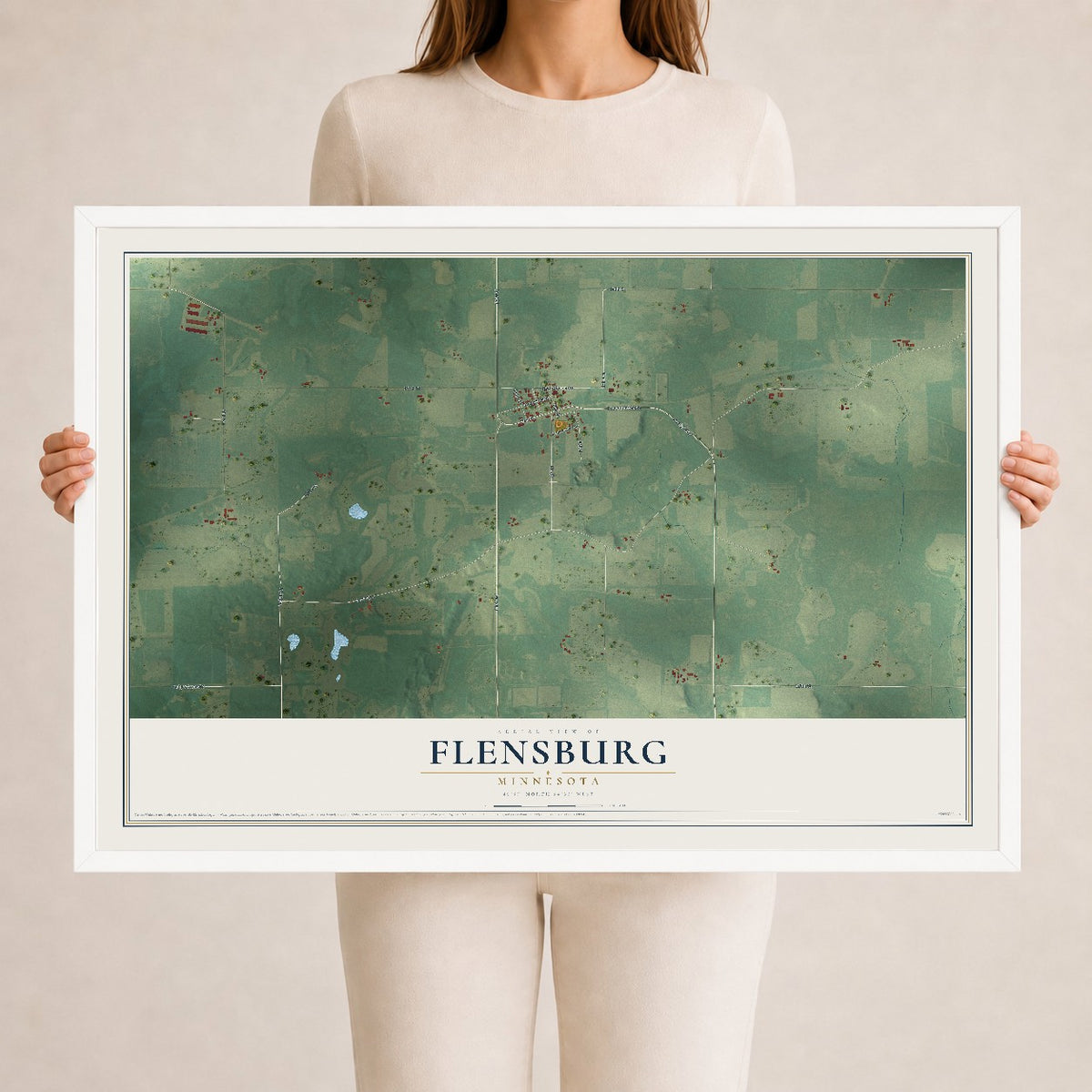 Map of Flensburg, Minnesota, 24 x 36 inch print in a white wood frame