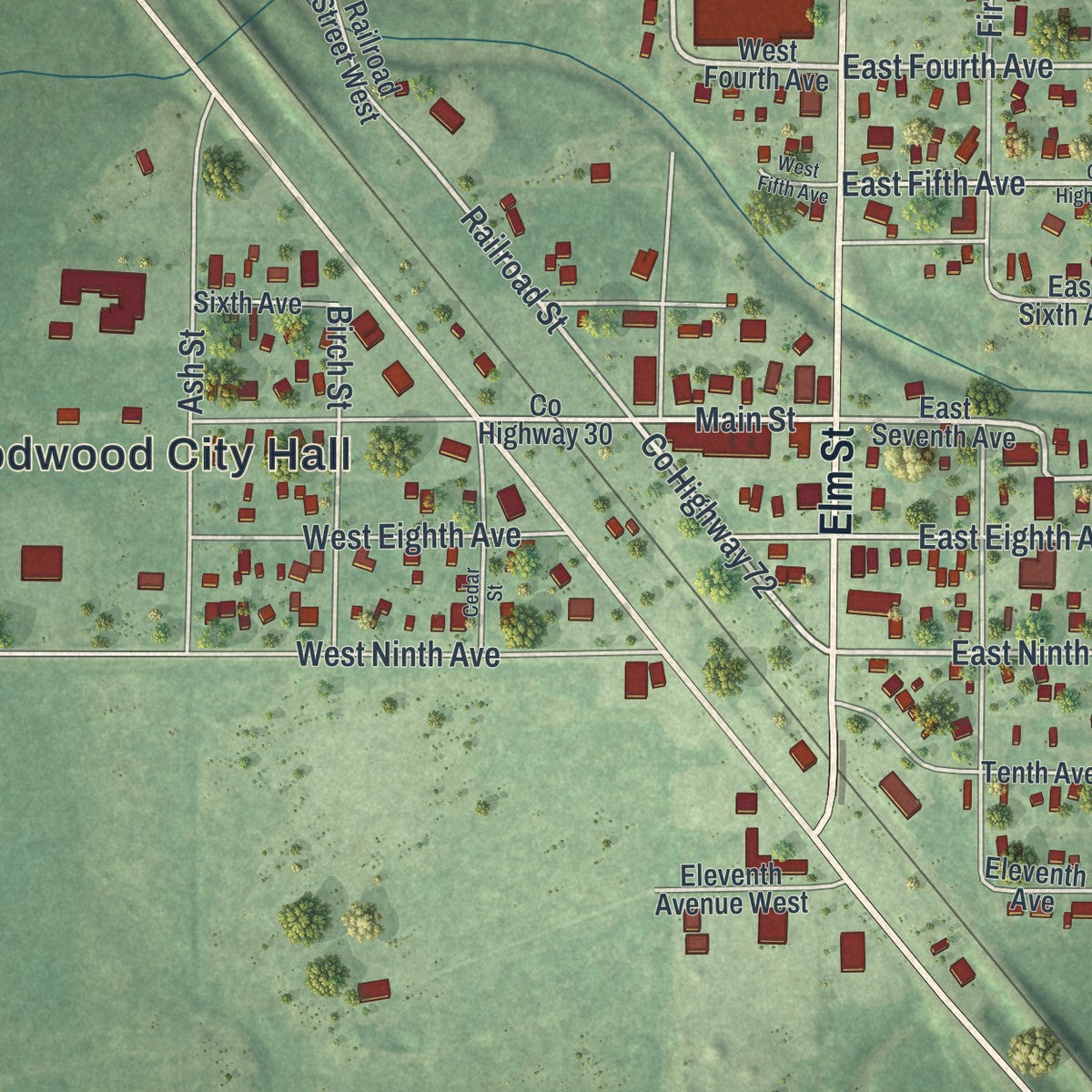 Close-up of the map of Floodwood, Minnesota print showing street and building detail