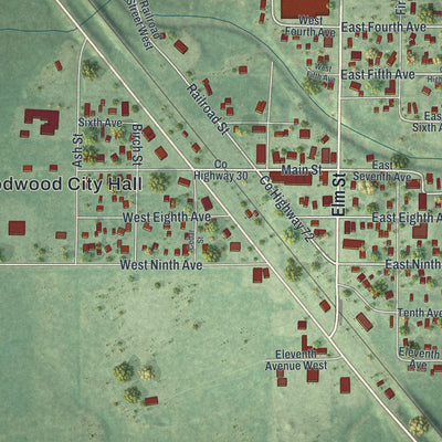 Close-up of the map of Floodwood, Minnesota print showing street and building detail