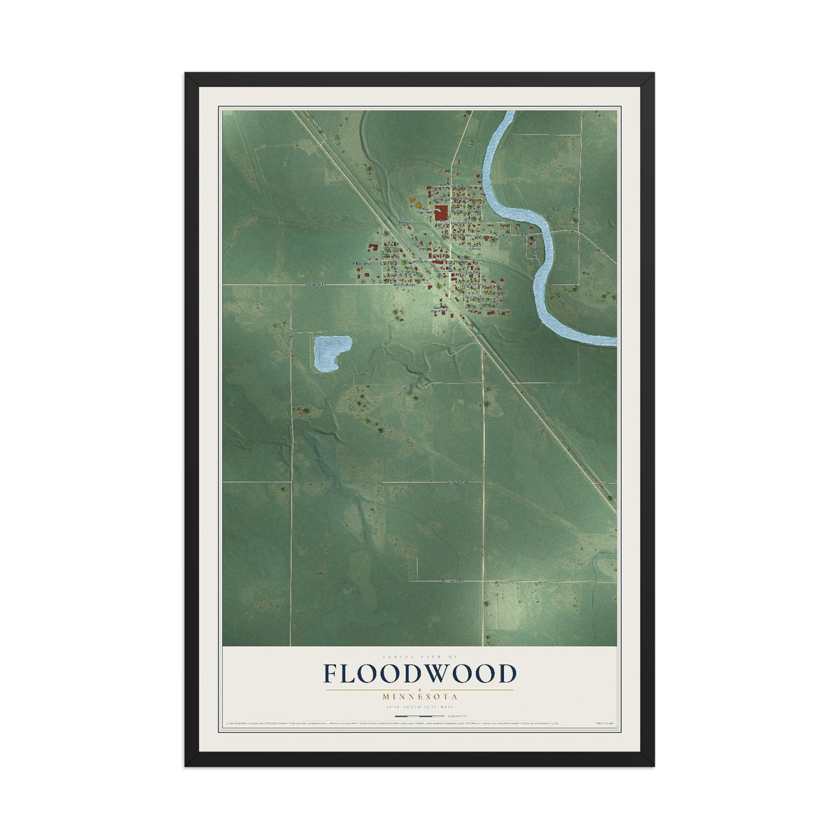 Map of Floodwood, Minnesota, 12 x 18 inch print in a black wood frame