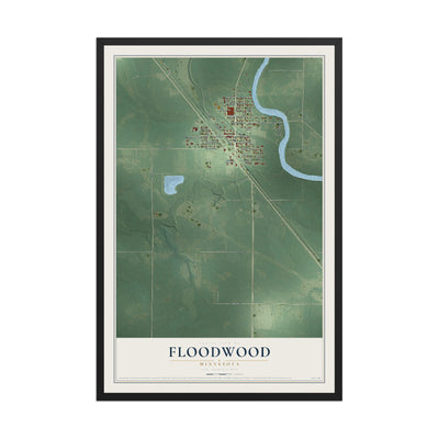 Map of Floodwood, Minnesota, 12 x 18 inch print in a black wood frame