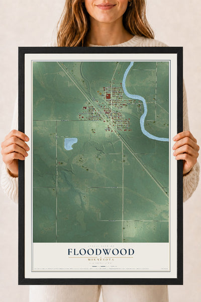 Map of Floodwood, Minnesota, 18 x 24 inch print in a black wood frame