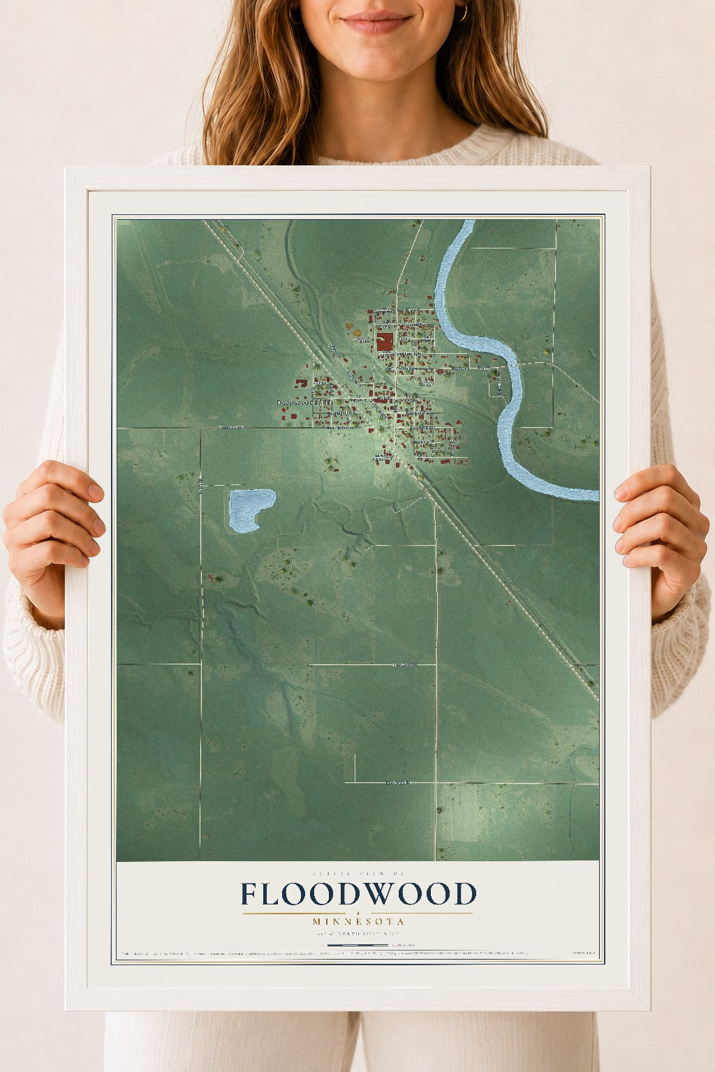 Map of Floodwood, Minnesota, 18 x 24 inch print in a white wood frame