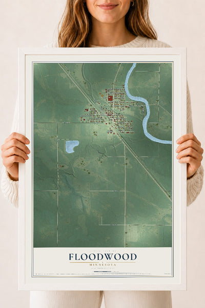 Map of Floodwood, Minnesota, 18 x 24 inch print in a white wood frame