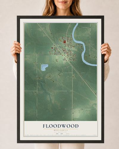 Map of Floodwood, Minnesota, 24 x 36 inch print in a black wood frame