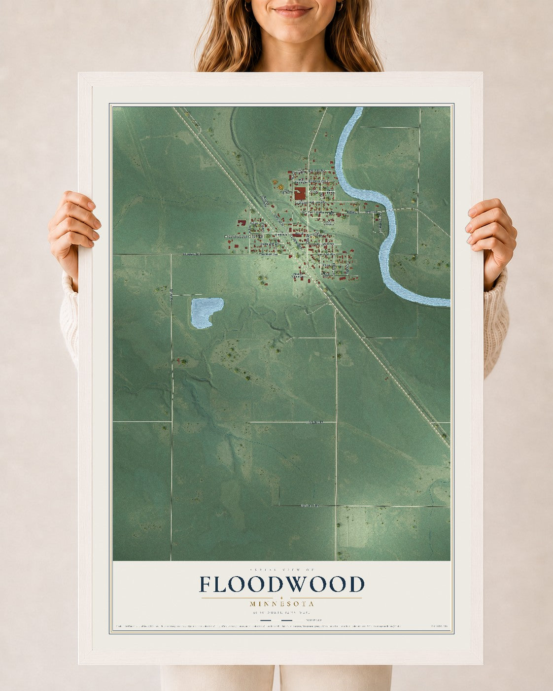 Map of Floodwood, Minnesota, 24 x 36 inch print in a white wood frame