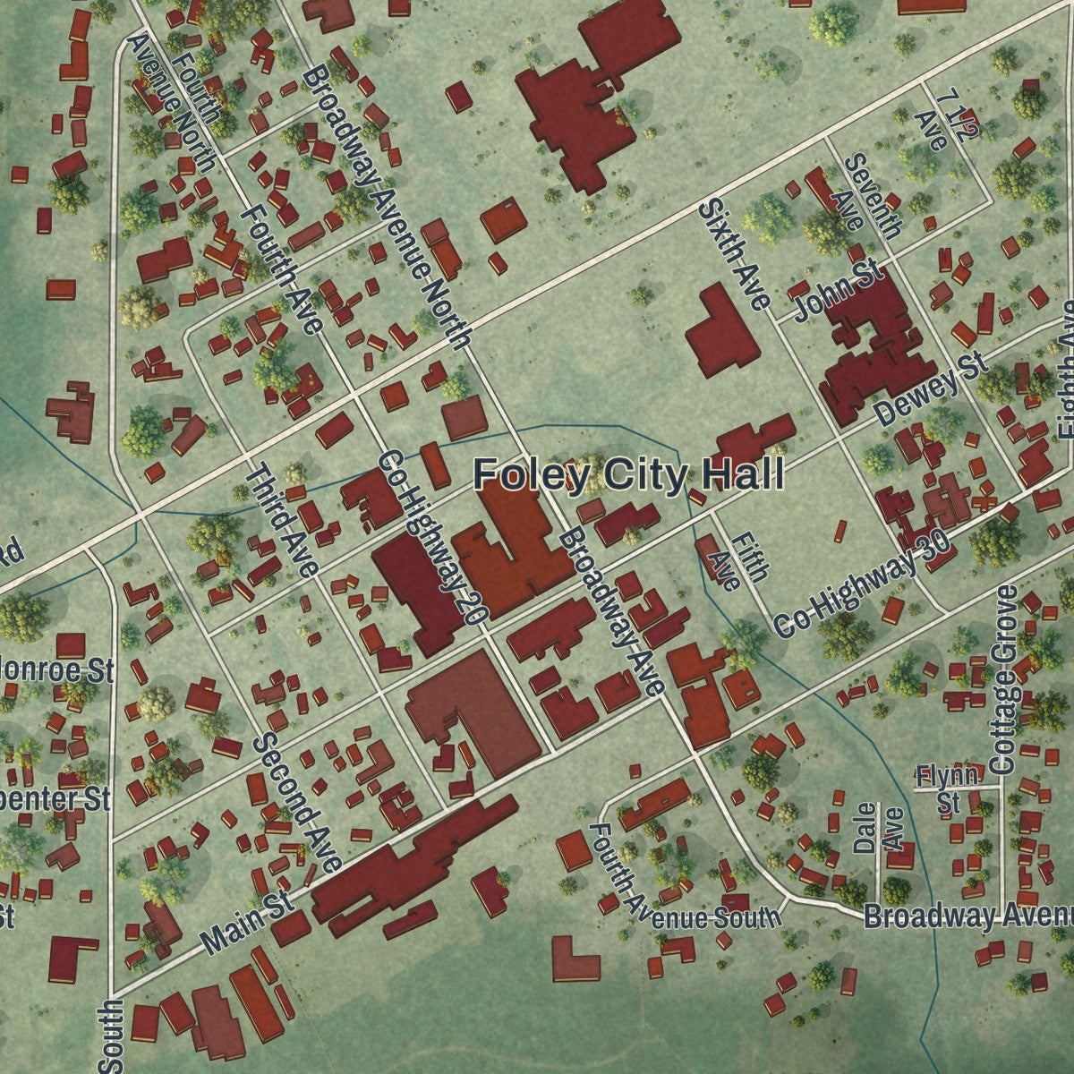 Close-up of the map of Foley, Minnesota print showing street and building detail