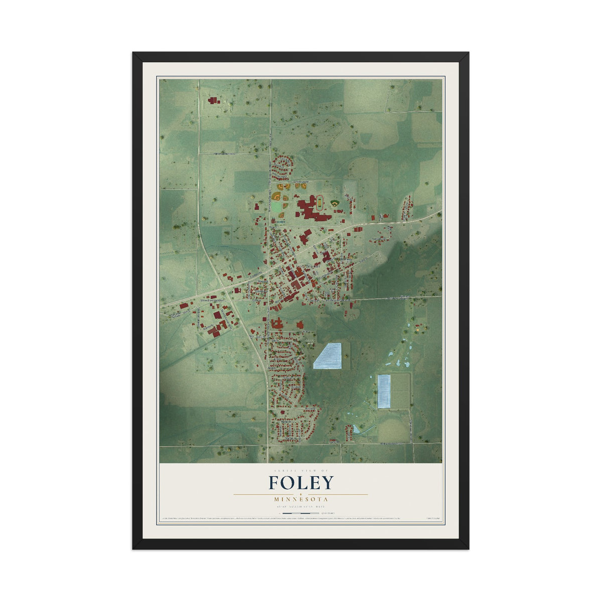 Map of Foley, Minnesota, 12 x 18 inch print in a black wood frame