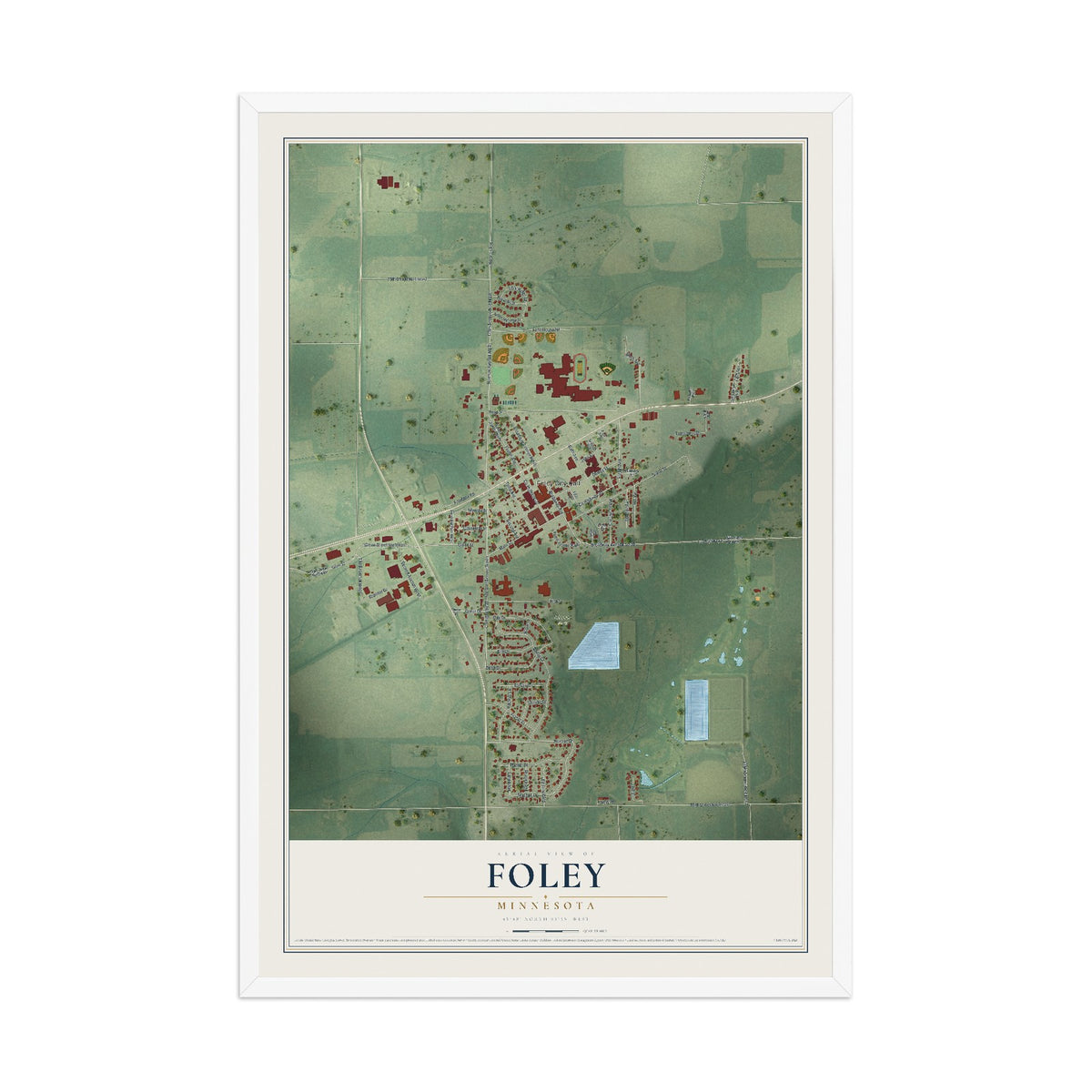 Map of Foley, Minnesota, 12 x 18 inch print in a white wood frame