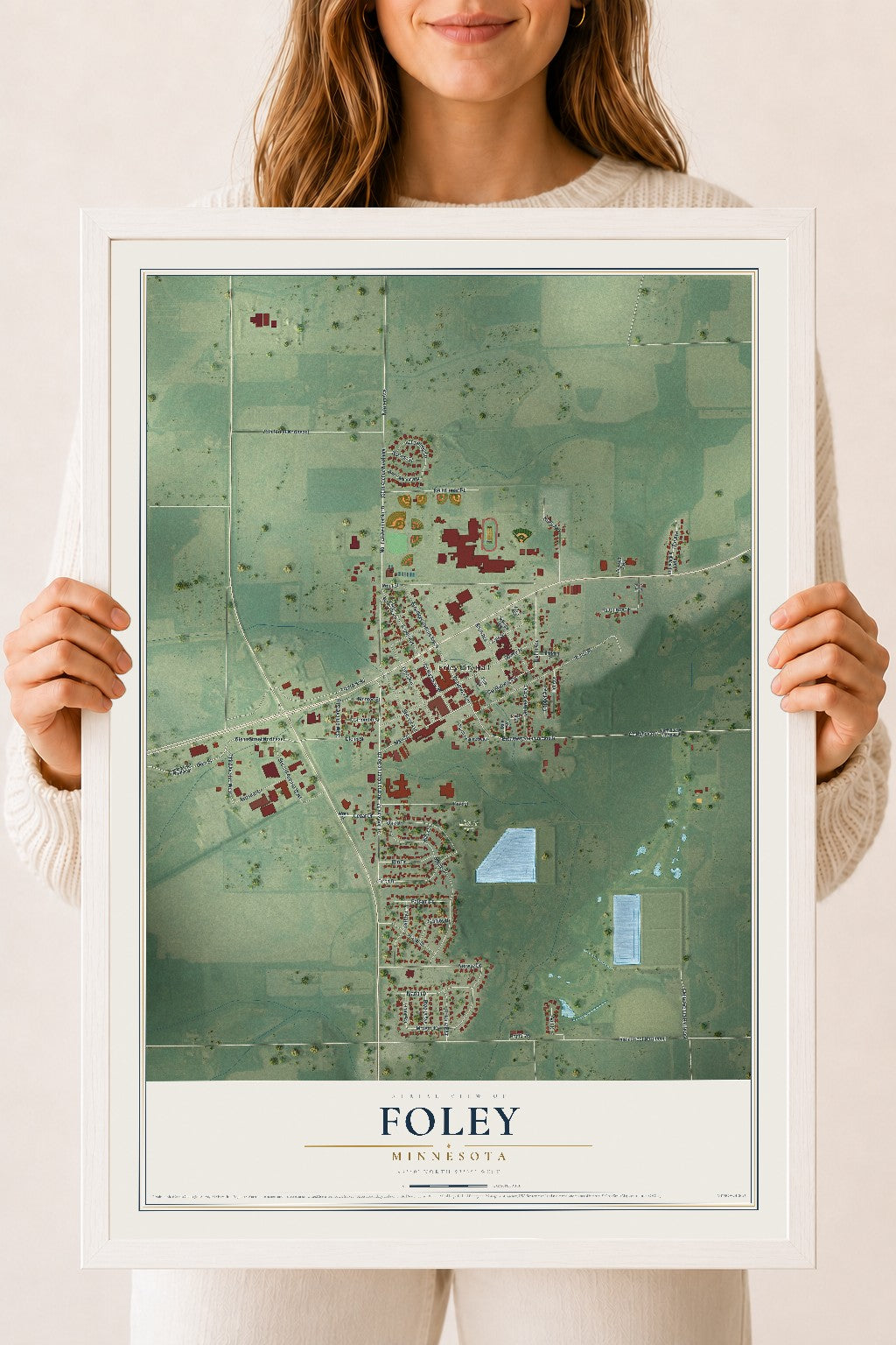Map of Foley, Minnesota, 18 x 24 inch print in a white wood frame