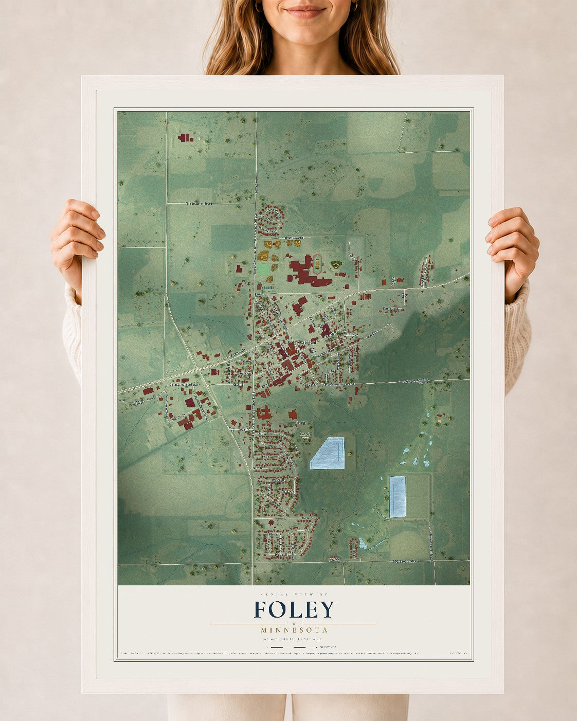 Map of Foley, Minnesota, 24 x 36 inch print in a white wood frame
