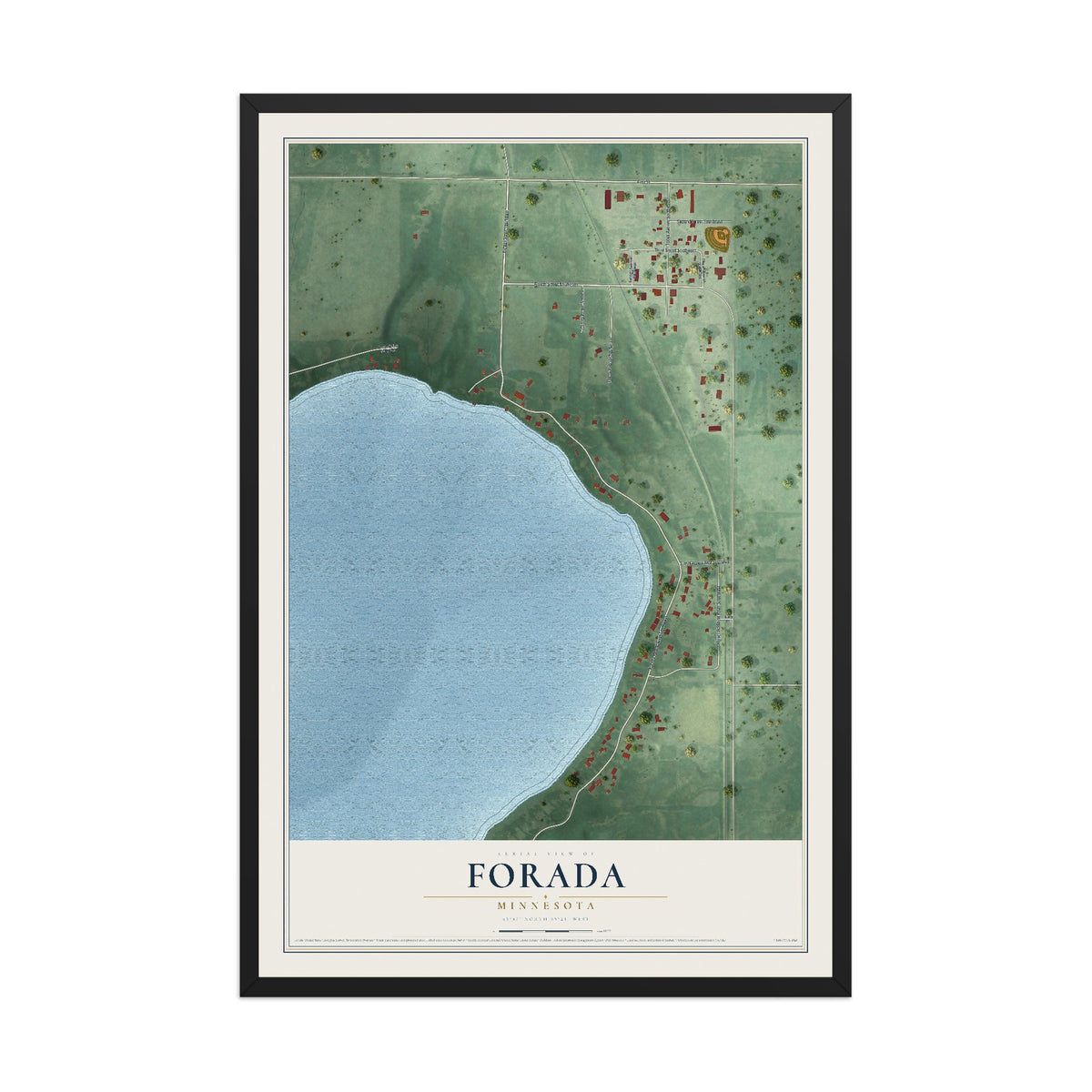Map of Forada, Minnesota, 12 x 18 inch print in a black wood frame