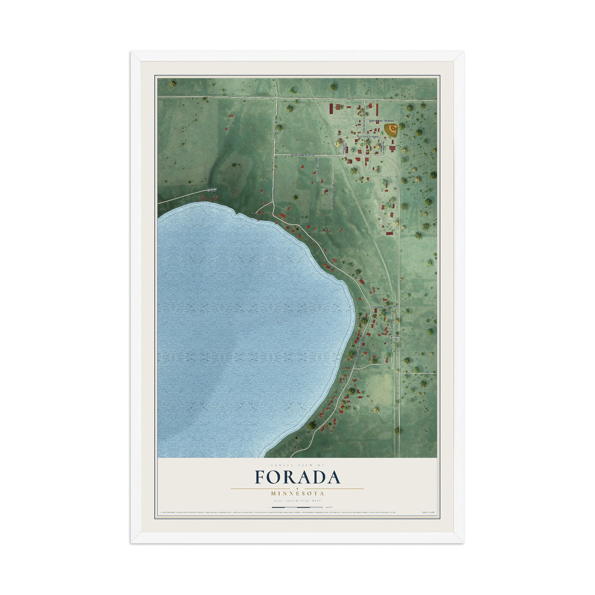 Map of Forada, Minnesota, 12 x 18 inch print in a white wood frame