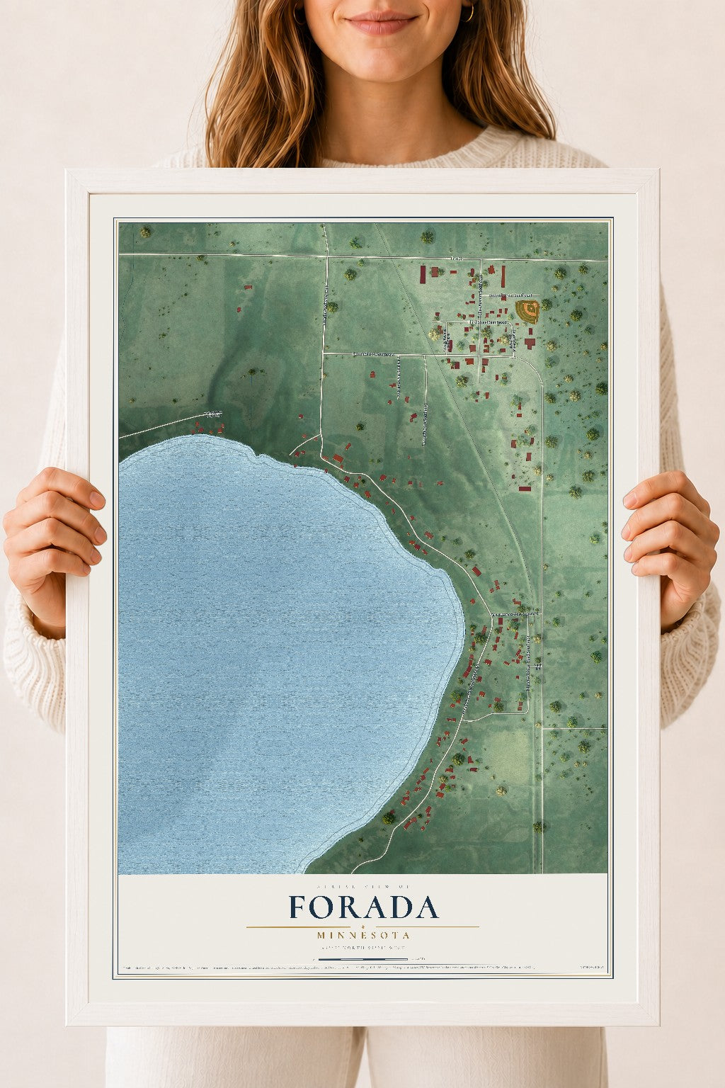 Map of Forada, Minnesota, 18 x 24 inch print in a white wood frame
