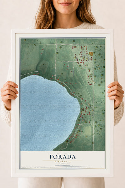Map of Forada, Minnesota, 18 x 24 inch print in a white wood frame