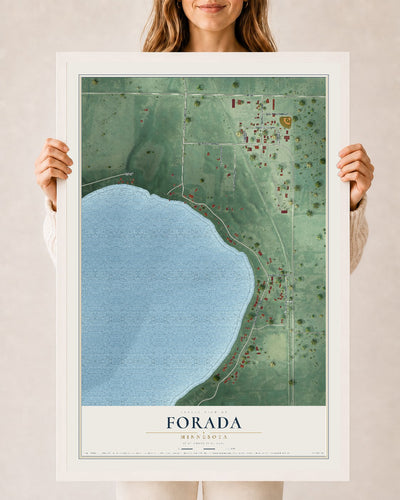 Map of Forada, Minnesota, 24 x 36 inch print in a white wood frame
